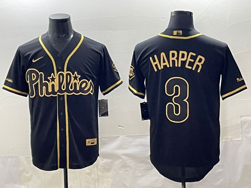 Men 2025 Philadelphia Phillies #3 Harper Black Gold Throwback Nike MLB Jersey style 001